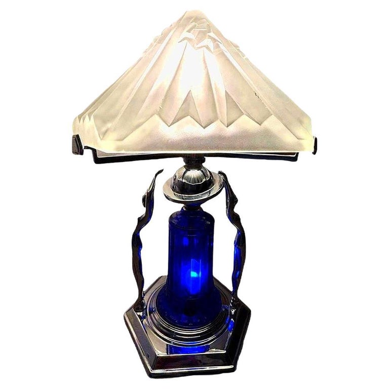 Frankart Era Art Deco Style Chrome & Cobalt Figural Lamp w/ Vivian Glass Shade