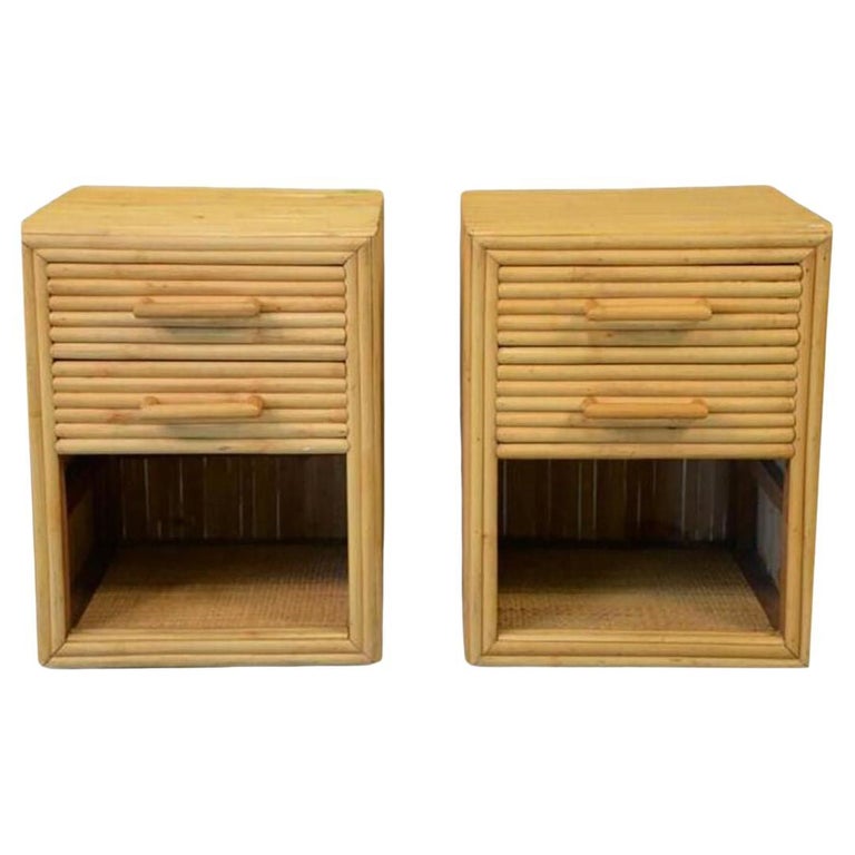 Restored Horizontal Stacked Stick Rattan Side Bedside Table w/ Cubby Space, Pair