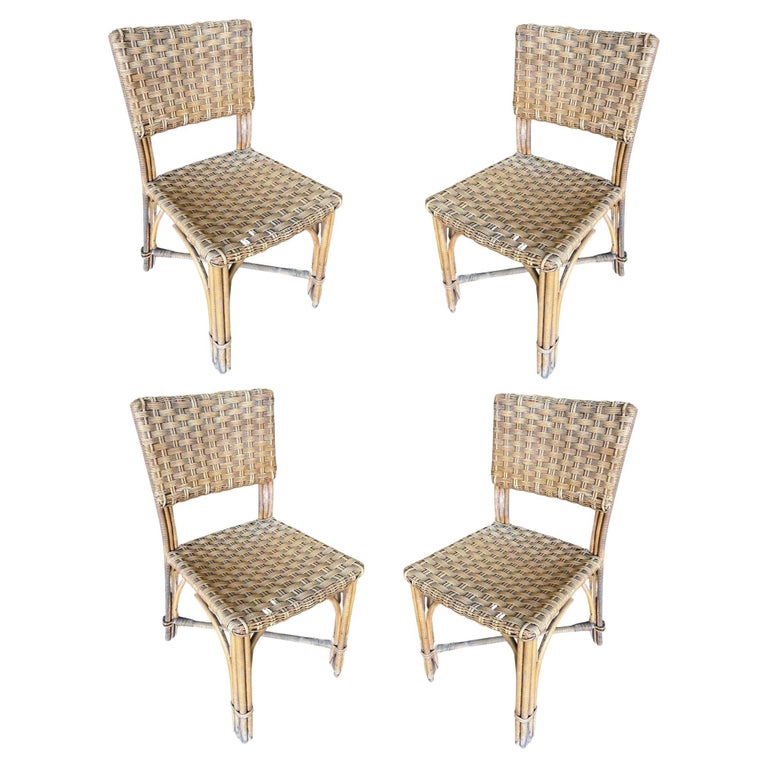 Restored Midcentury Era Rattan Dining Side Chairs with Wicker Woven Seats