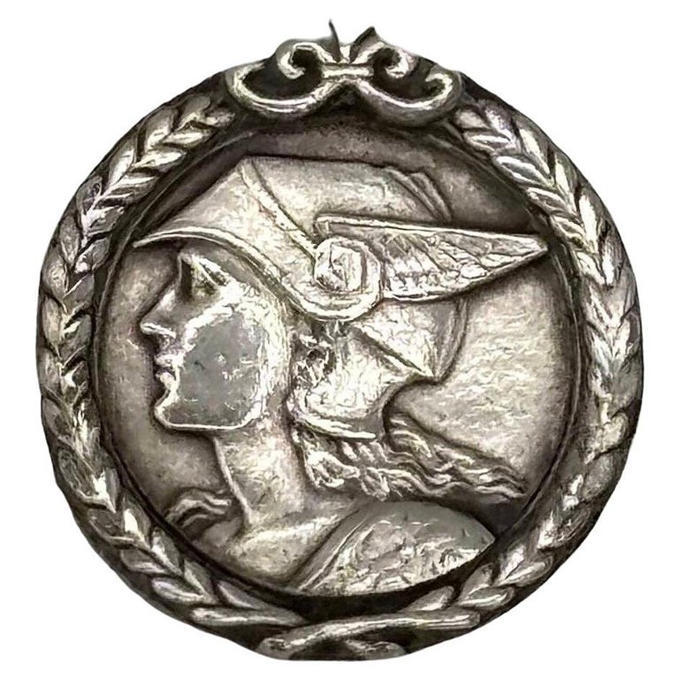 French Pewter Art Deco Medallion Struck with the Face of Mercury Pedant Pin
