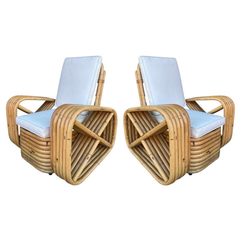 Restored Child Size Six-Strand Square Pretzel Rattan Lounge Chair, Pair