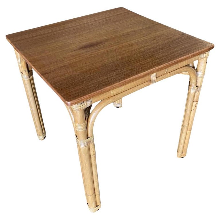 Restored Mid-century 3-Strand "Arch" Base Rattan Games Table W/ Mahogany Top