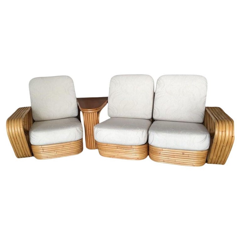 Restored 6-Strand Square Pretzel 3 Seat Rattan Corner Sofa W/ Side Table