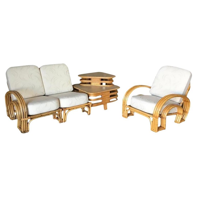 Restored Double Horseshoe Rattan Sofa, Lounge Chair, Side Table Living Room Set