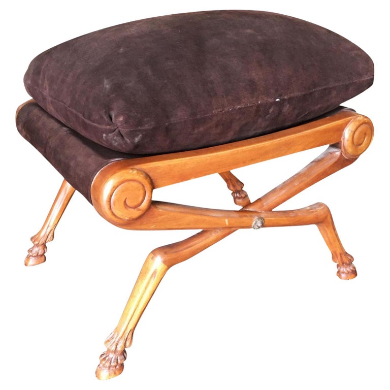 Neoclassic Style Walnut Stool with Brown Velvet Top
