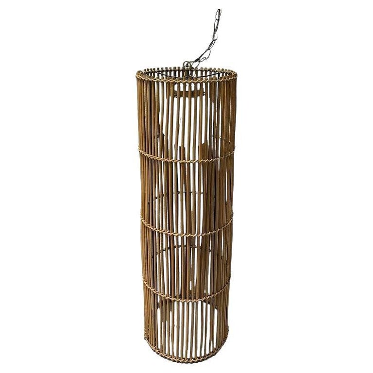 Large Mid-century Split Stick Reed Rattan Hanging Cylinder Chandelier Pendant