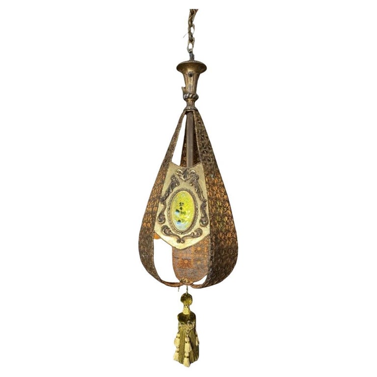 Hollywood Regency Jewel Prisms Filigree Pendant Light, Circa 1950