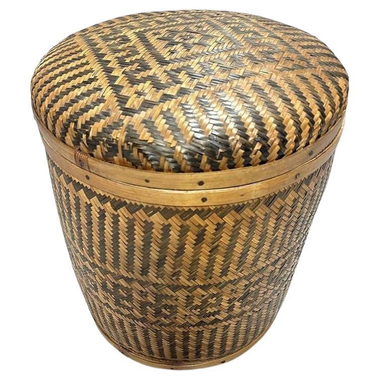 Tall Traditional Thai Hand Woven Wicker Rice Storage Basket w/ Lid
