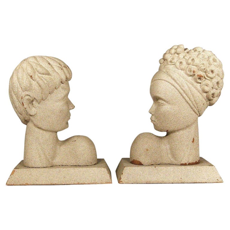 Mid-Century Modern Hawaiian Male and Female Bookends, Pair