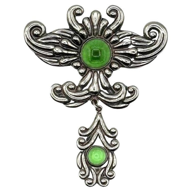 Silver Los Castillo Statement Brooch w Ornate Drop and Chrysoprase Stones