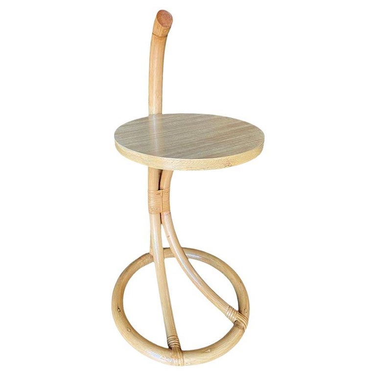 Restored Rare Portable Rattan Side Table Drink Shelf Stand w/ Handle 2 Available