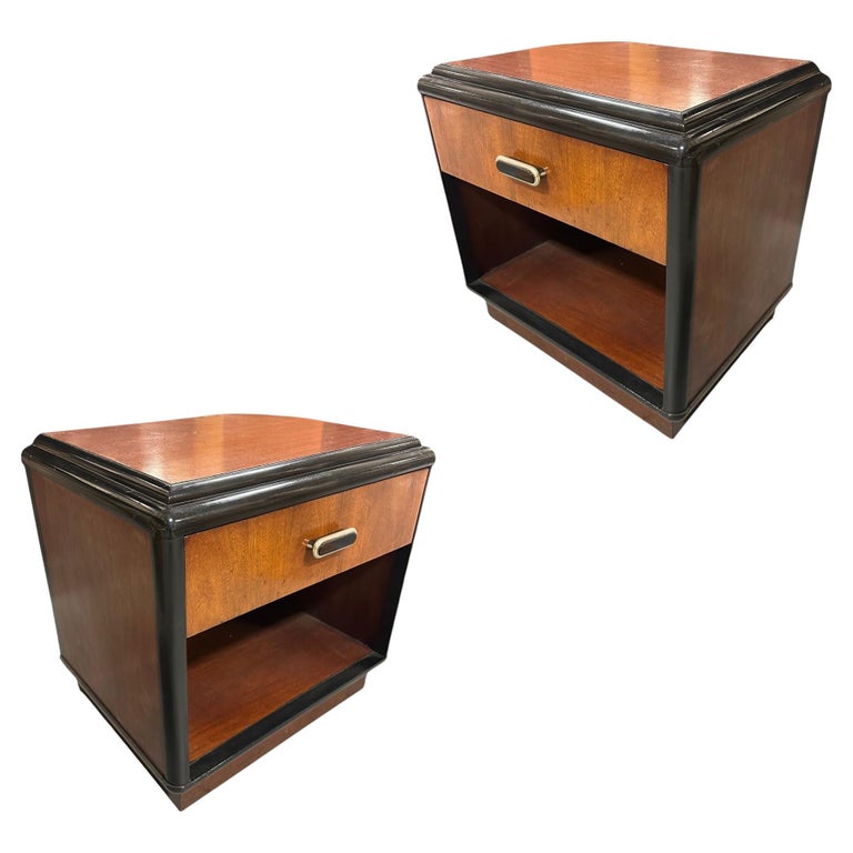 Pair of Two Toned Art Deco Cherry Wood & Lacquer Bedside Tables w/ Stepped Top