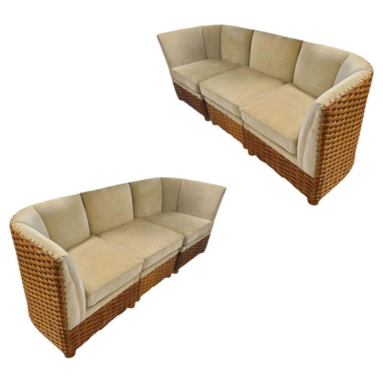 Restored Mid-Century Woven Wicker Sectional Sofa