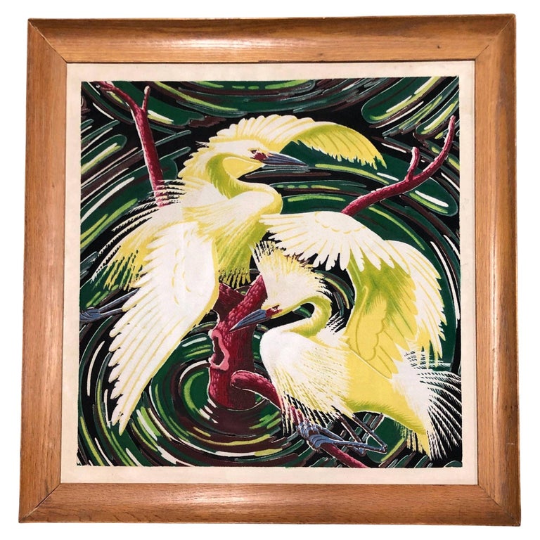 Restored Vintage 1949 Rattan Framed Crane Barkcloth Fabric Sample by Spectrum