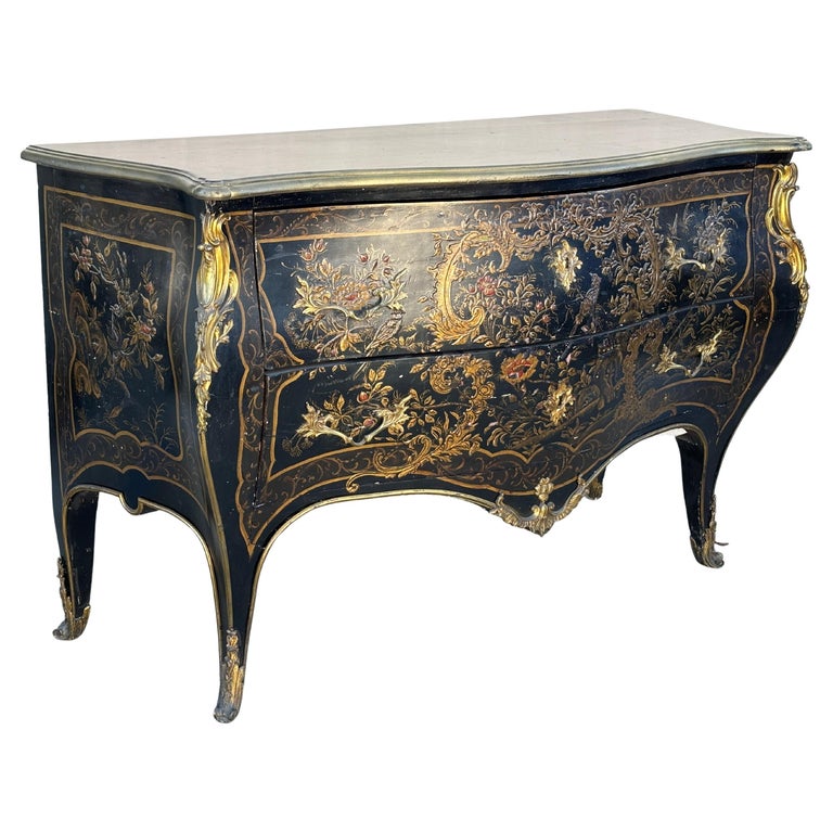 19th Century French with Brass Encroûtement Bombe Shaped Chinoiserie Commode