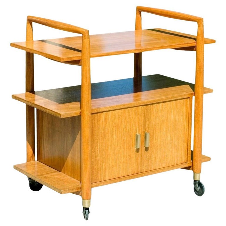 Mid-Century Three-Tier Bar Serving Cart w/ Storage Cabinet
