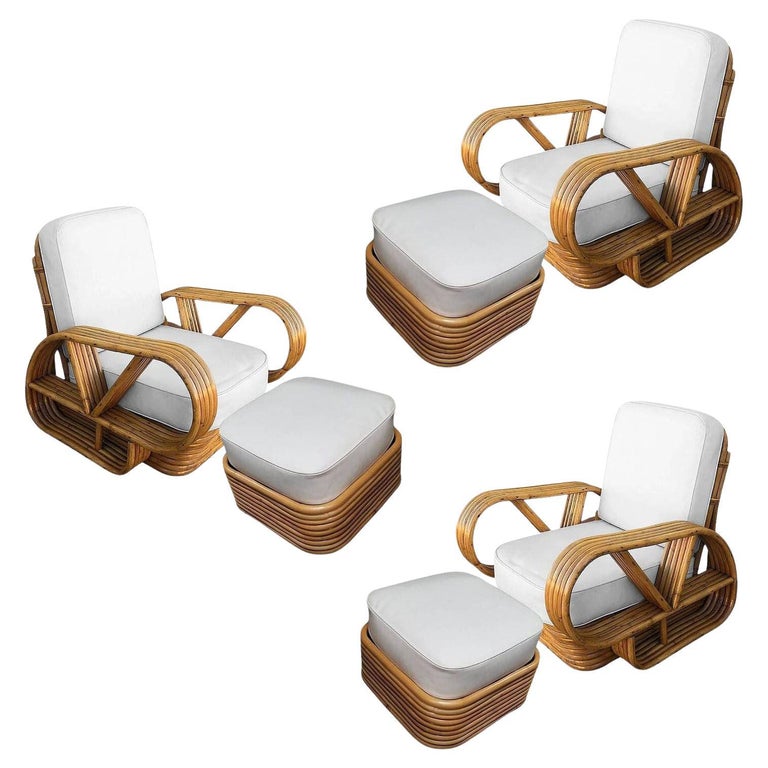 Restored Rattan Five-Strand "Victory Speed" Arm Loungechair w/ Ottoman, Set of 3