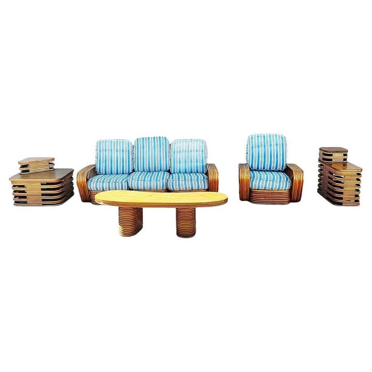 Restored MCM Rattan Six Strand Square Pretzel Table & Seating Livingroom Set