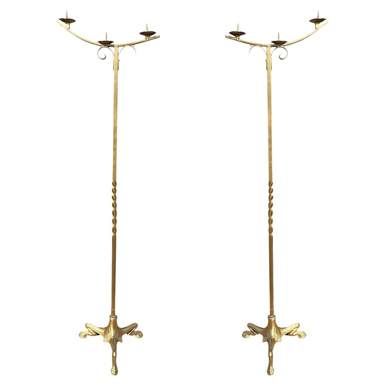 Hollywood Regency Brass-tone Floor Standing Candelabra w/ Claw-foot Base, Pair