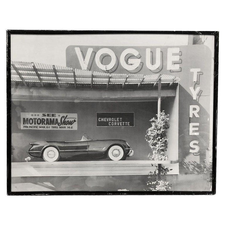 Mid-century GM Chevrolet Corvette Black & White Lithograph Print in Frame