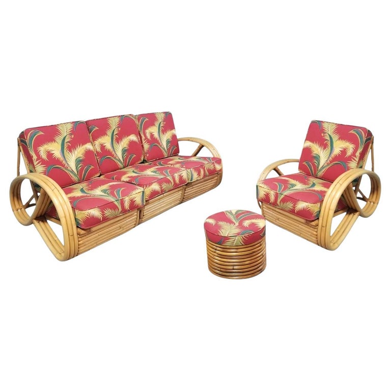 Restored Mid-century Rattan 4-Strand 3/4 Pretzel Sofa & Chair Living Room Set