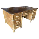 Restored Mid-century Stacked Rattan Executive Desk W/ Solid Mahogany Top