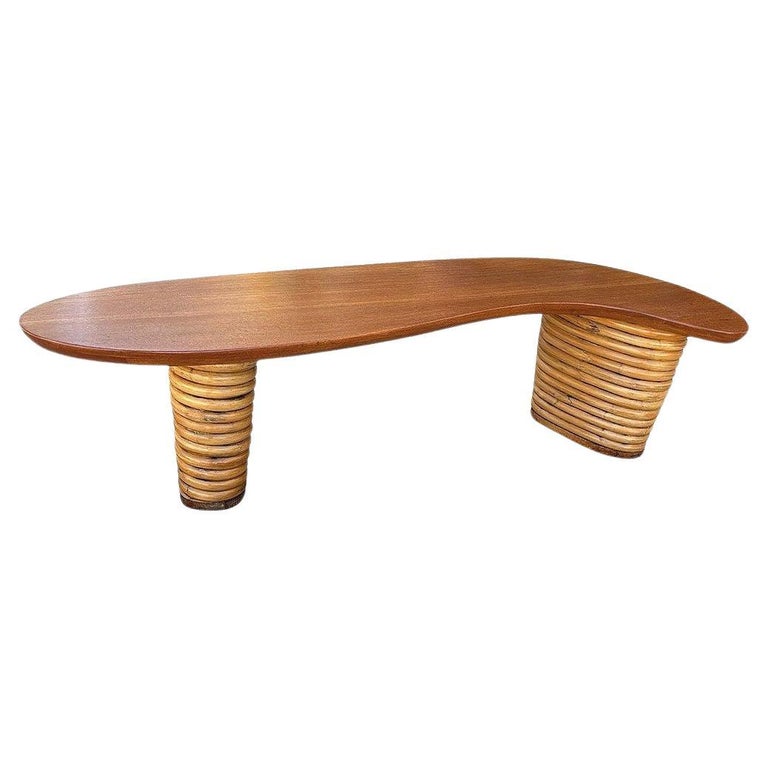 Restored Stacked Rattan Biomorphic Surfboard Coffee Table w/ Koa Wood Top