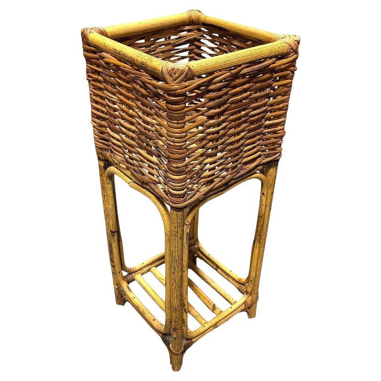 Mid Century Cubed Woven Rattan Pedestal Plant Stand