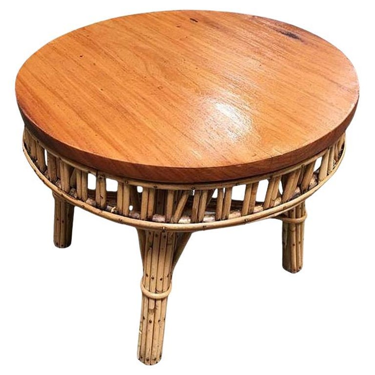 Restored Round Stick Rattan Coffee Table with Mahogany Top
