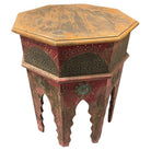 Hand Painted Moroccan Hexagon Wooden Boho Side Table w/ Brass Inlays