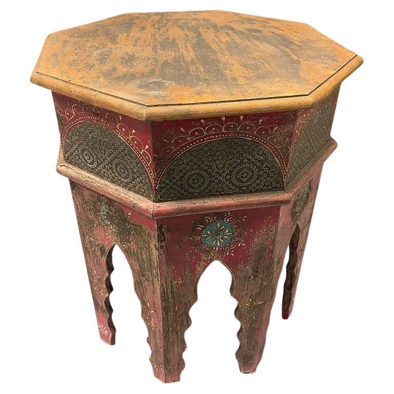 Hand Painted Moroccan Hexagon Wooden Boho Side Table w/ Brass Inlays