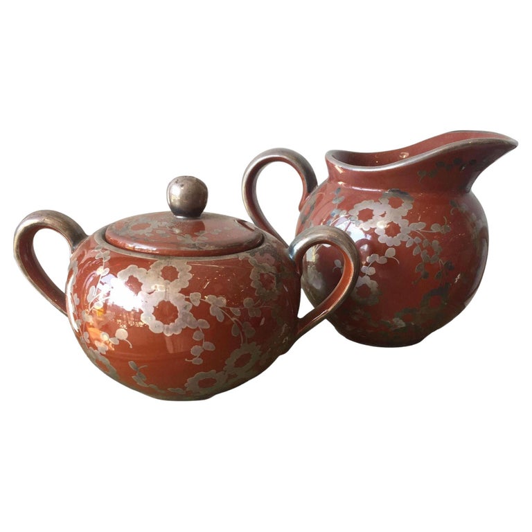 Vintage Ceramic Creamer & Sugar Bowl Raku Glaze Signed