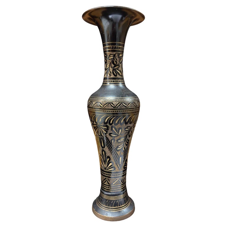 Indian Hand Etched Black Cloisonne Brass Floral Vase