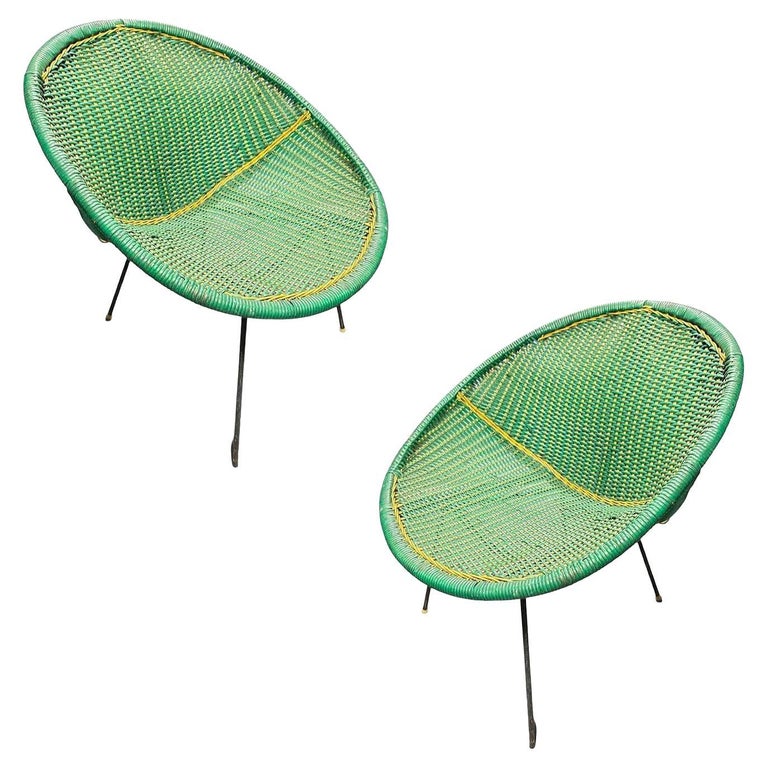 MCM Sam Avedon Styled Iron Outdoor/Patio Saucer Chair w/ Nylon Weaved Seat, Pair