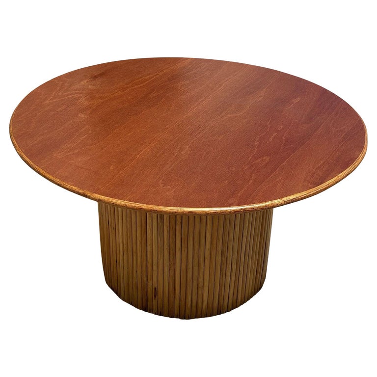 MCM Coastal Round Stacked Rattan Pedestal Table Mahogany Top, 2 Available