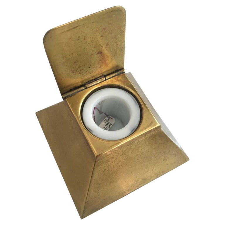 1920s Art Deco Egyptian Revival Brass Pyramid Inkwell With Milk Glass Holder
