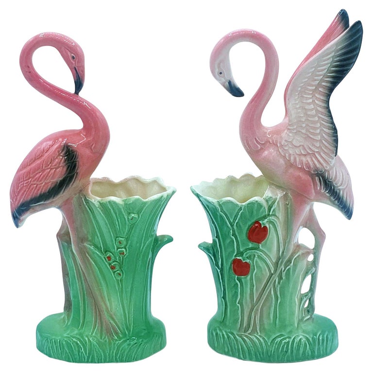 Mid-century "Lovers" Pink Flamingo Ceramic Tabletop Vase Set By Leftons