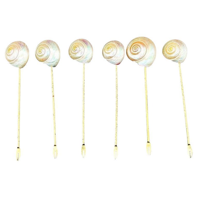 Set of Six Vintage Mother of Pearl Shell and Gold Appetizer Fondue Forks