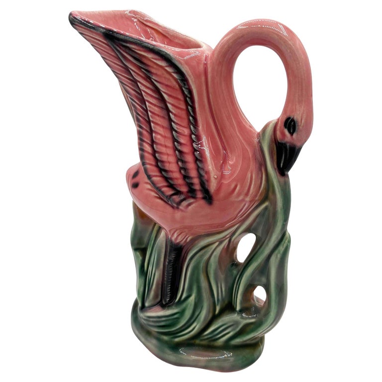 Mid-century Pink & Green Flamingo Tropical Water Pitcher by Royal Copley