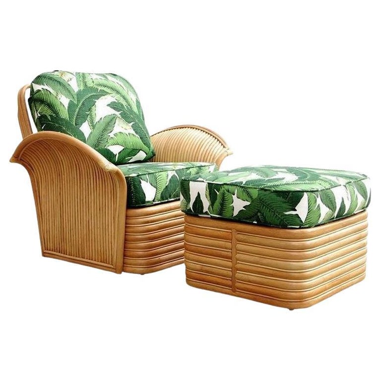 Restored Rattan Fan Arm Lounge Chair With Ottoman Set