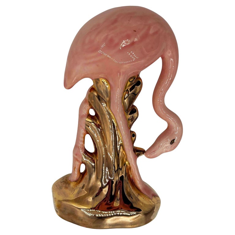 Mid-century California Pottery Ceramic Pink & Gold Flamingo Figurine