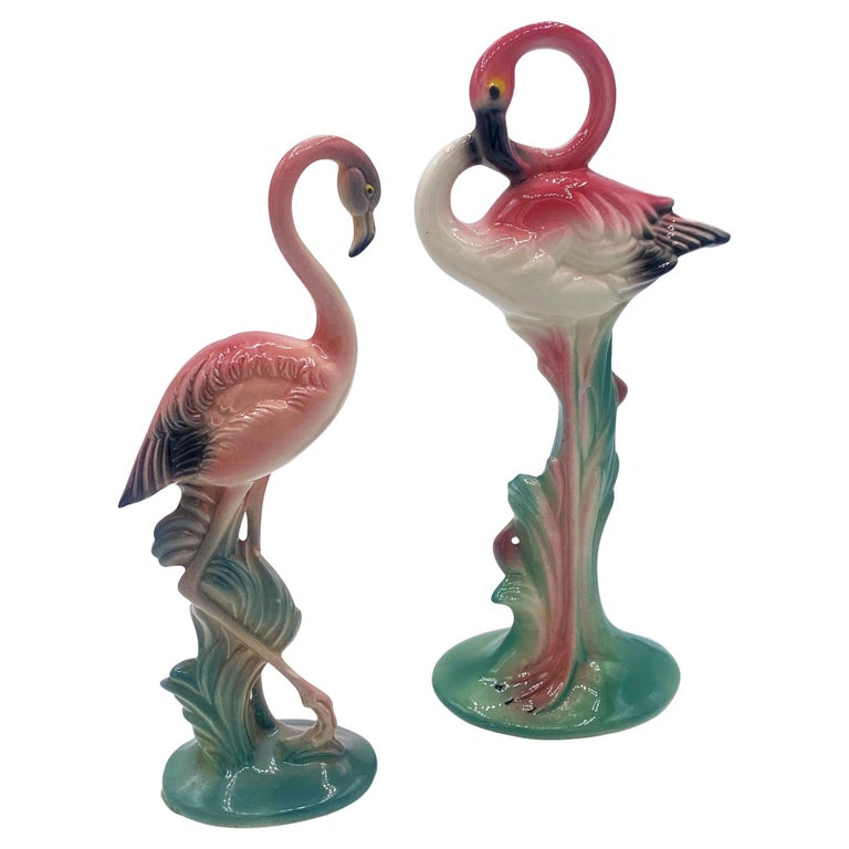 Matching Mid-century Pink Flamingo Ceramic Tabletop Statue Set By Brad Kealer