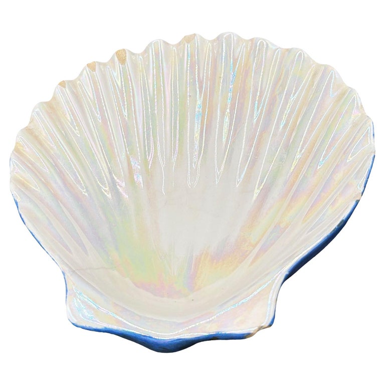 Large 8" Mid-century Rainbow Iridescent Ceramic Clam Shell Tropical Ashtray