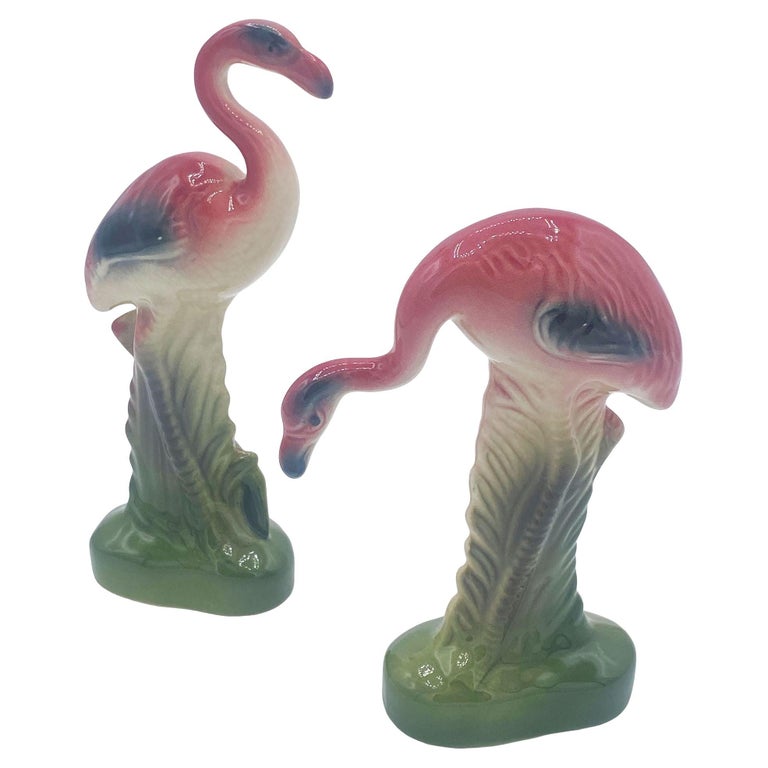 Mid-century Matching Miniature Pink Flamingo Ceramic Tabletop Figure Statues