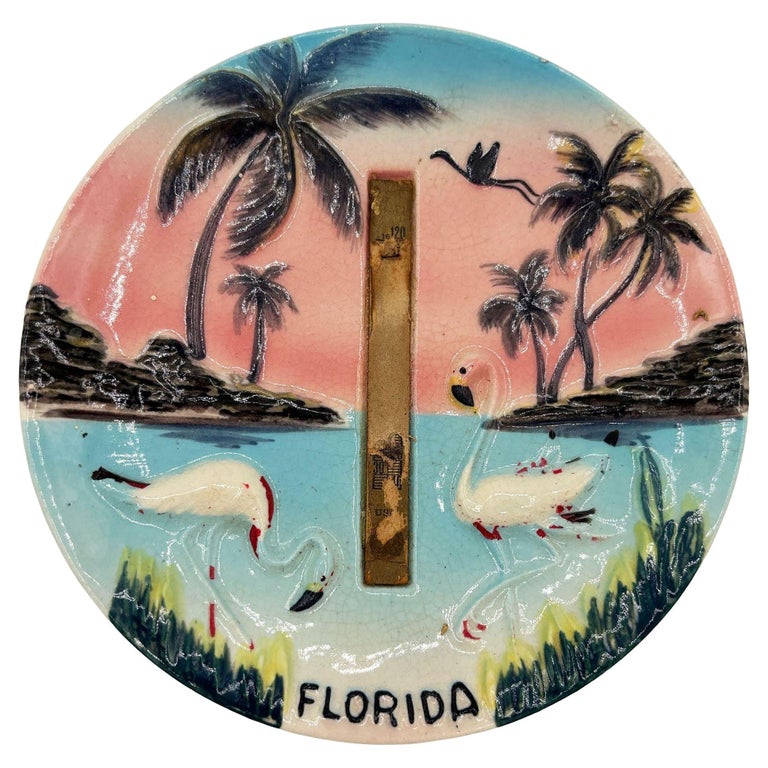 Mid-century Florida Flamingo Round Decrotive 3d Sculptural Wall Plate