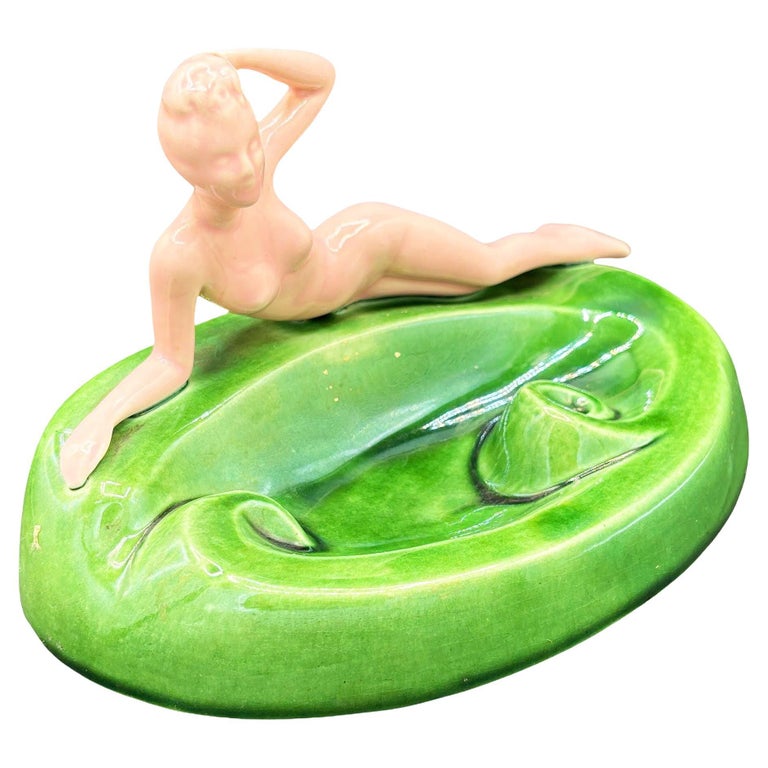 Mid-century Pink & Green Nude Lounging Female Ceramic Ashtray Ceramic Ashtray