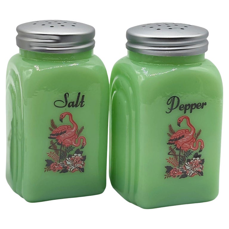 Mid-century Jadeite Green Glass Pink Flamingos Salt and Pepper Set