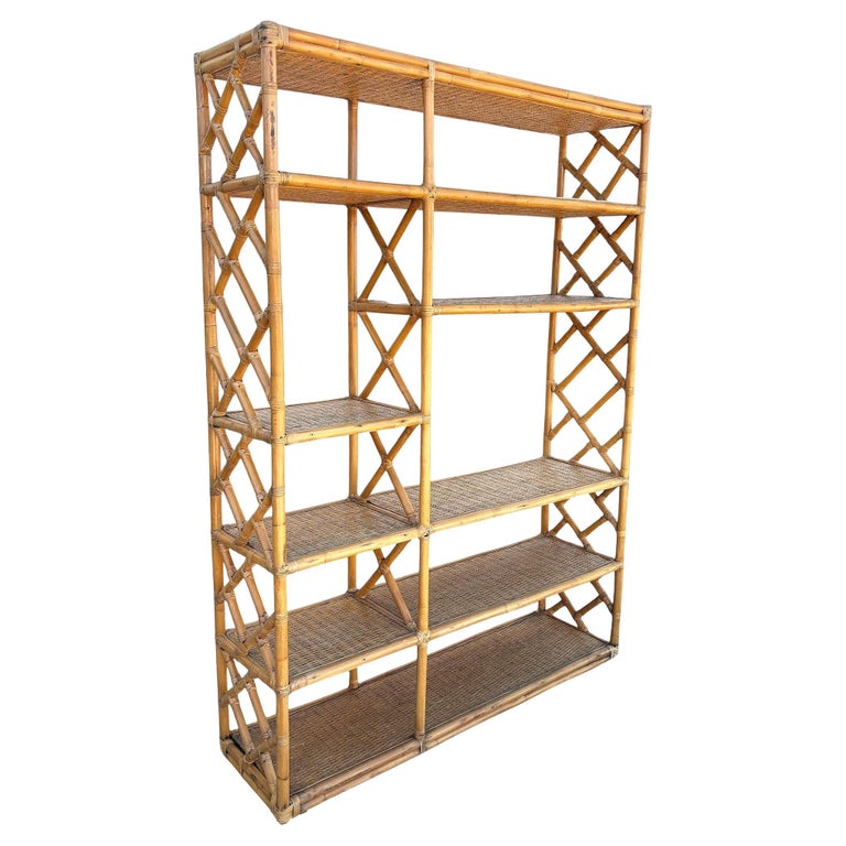 Restored Mid-century Rattan Ten-Tier Display Shelf Wall Etagere Unit w/ Cabinet