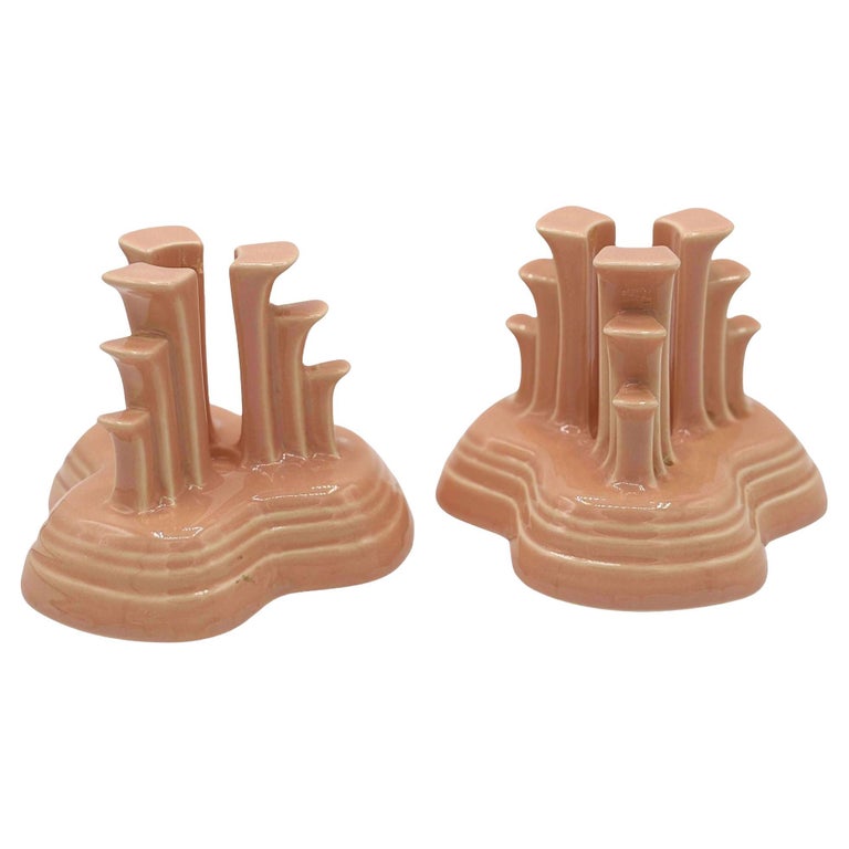 Art Deco Apricot Peach Tripod Pyramid Candleholder by Fiesta Ware, Pair