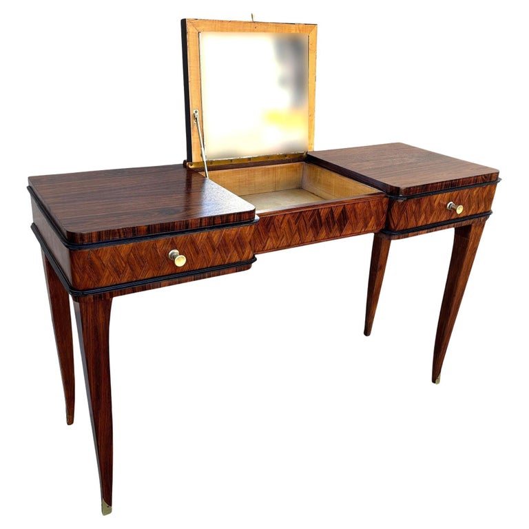 French Art Deco Flip Top Madagascar Rosewood & Brass Dressing Table Vanity